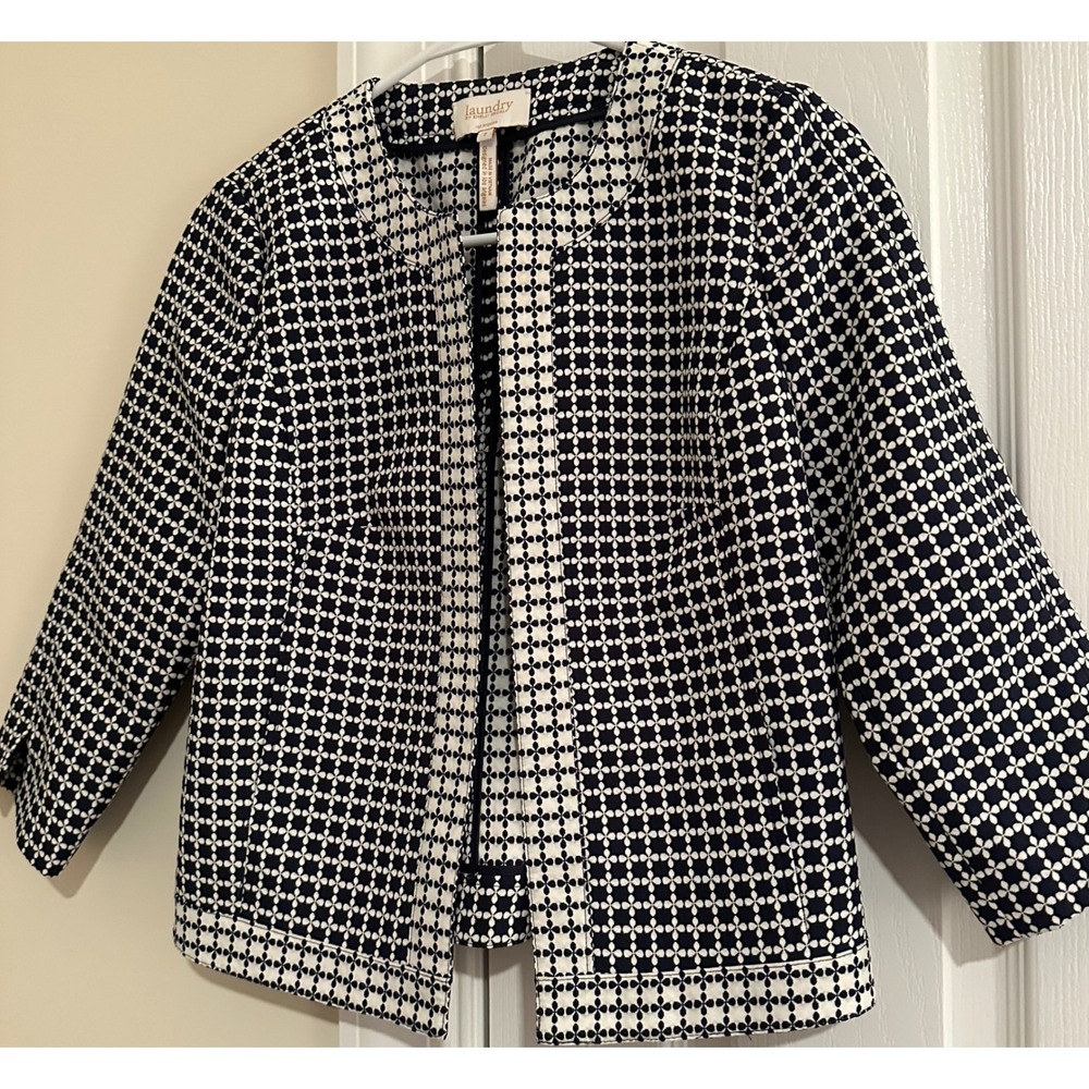 Laundry by Shelli Segal Navy White‎ Geometric Floral Open Front Cropped Jacket 2